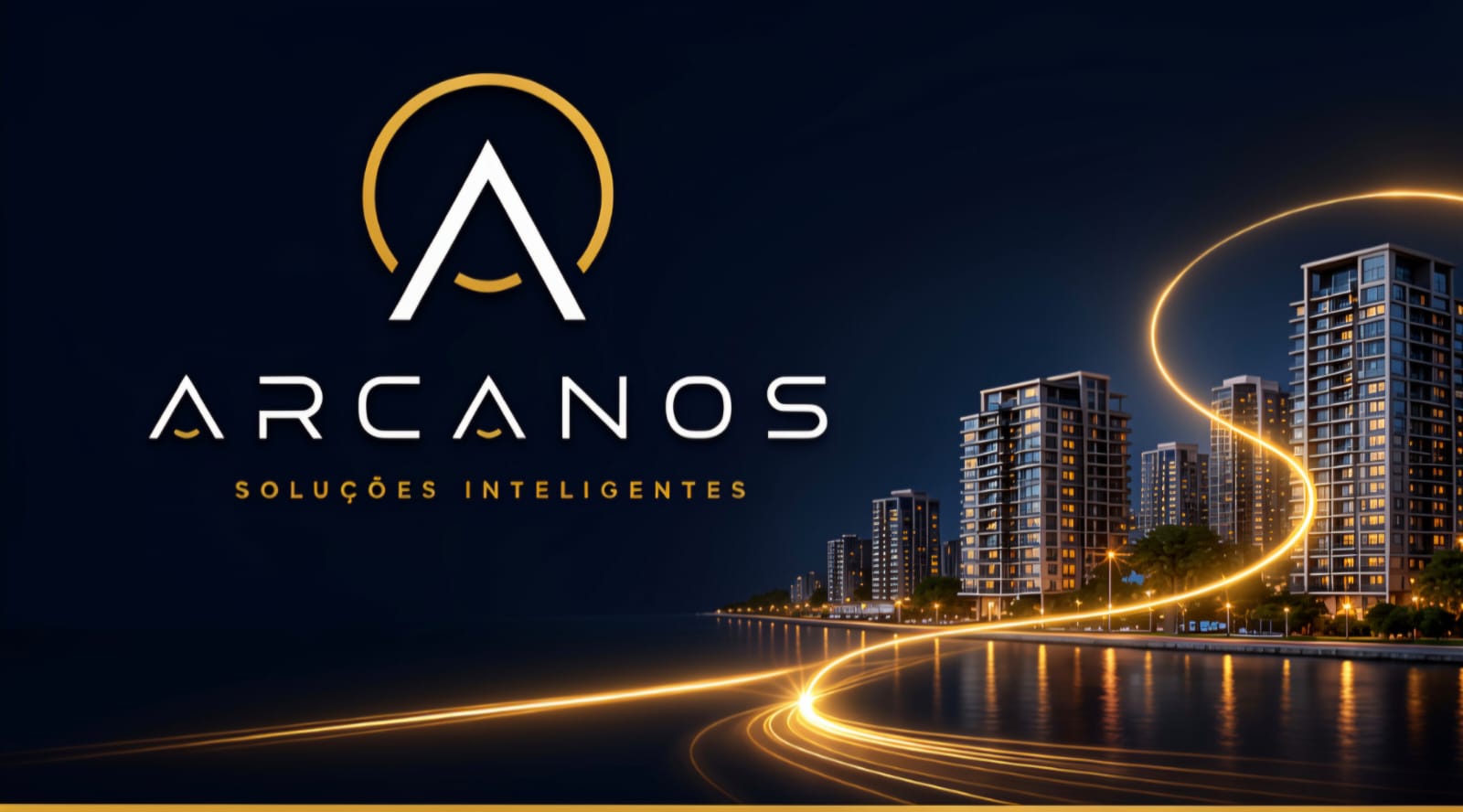 Arte institucional da Arcanos com skyline, marca e rastro dourado.